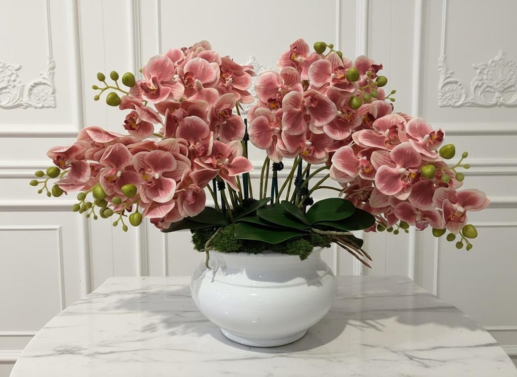 Real Touch Pink Orchid Arrangement in White Planter