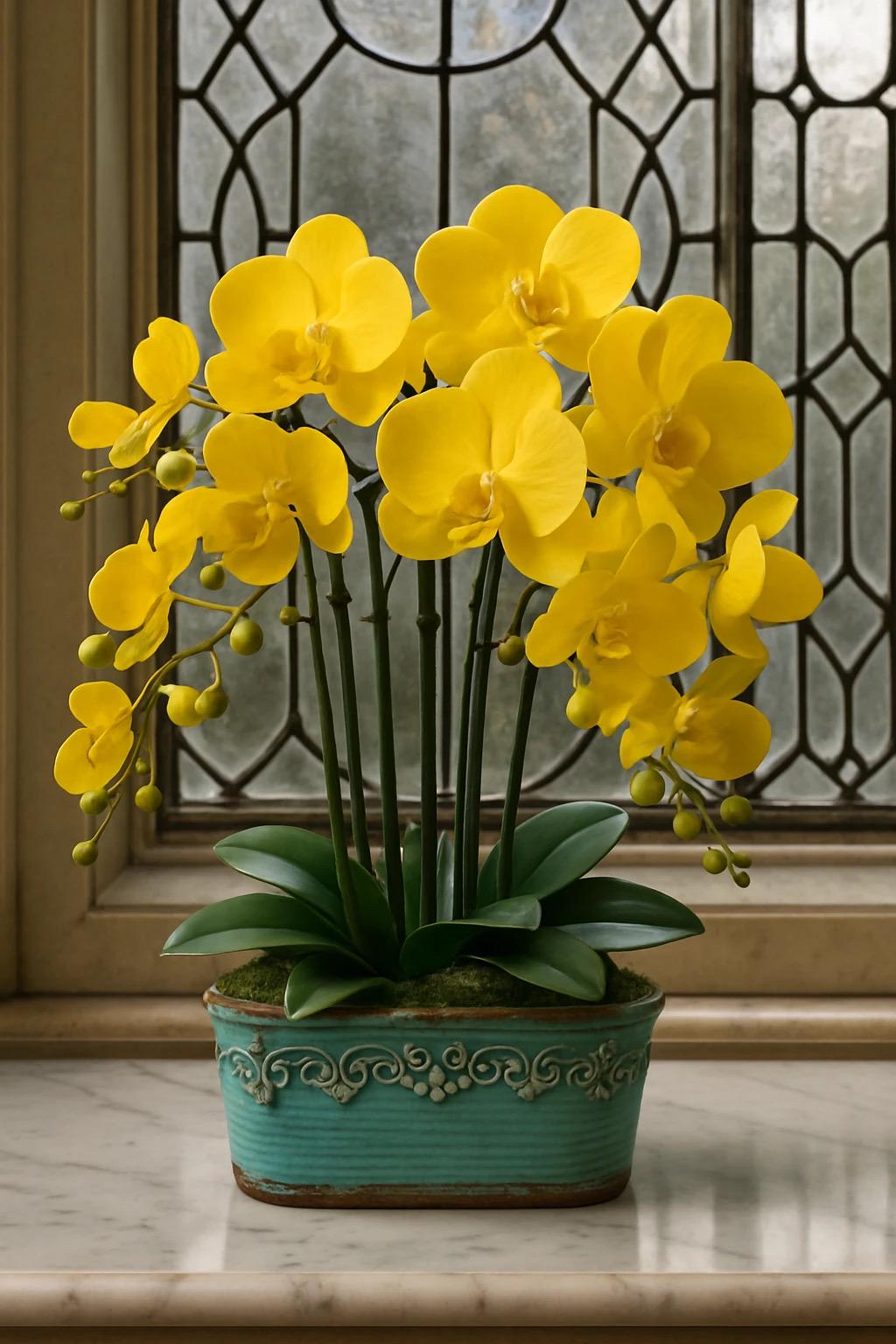 Faux Yellow Orchid in Teal Planter