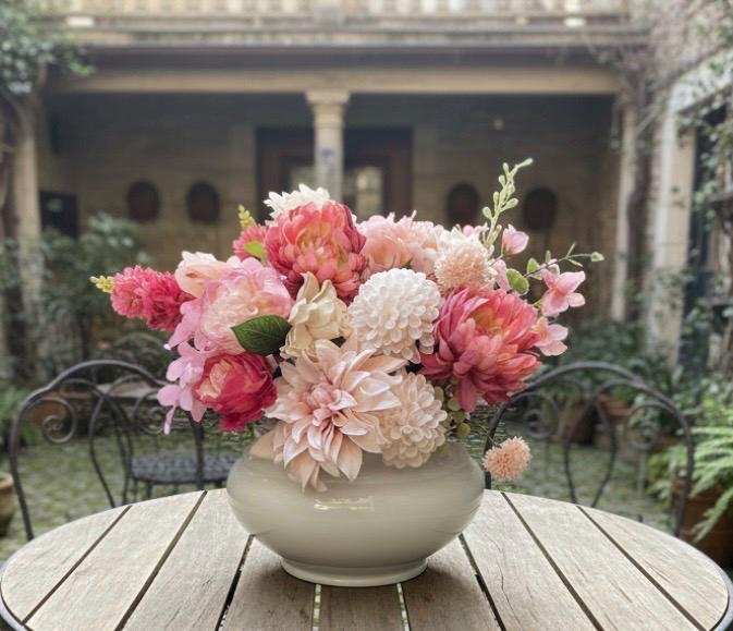 Artificial Pink Peony Floral Arrangement in White Ceramic Planter