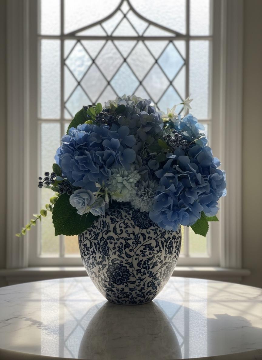 Blue Hydrangea Arrangement in Hand-Painted Ceramic Planter