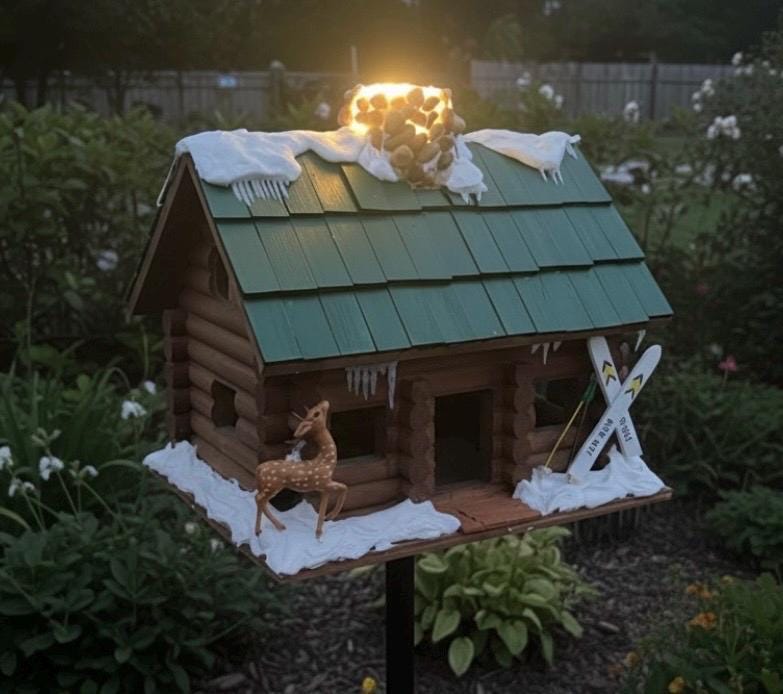 Handmade Winter Log Cabin Birdhouse