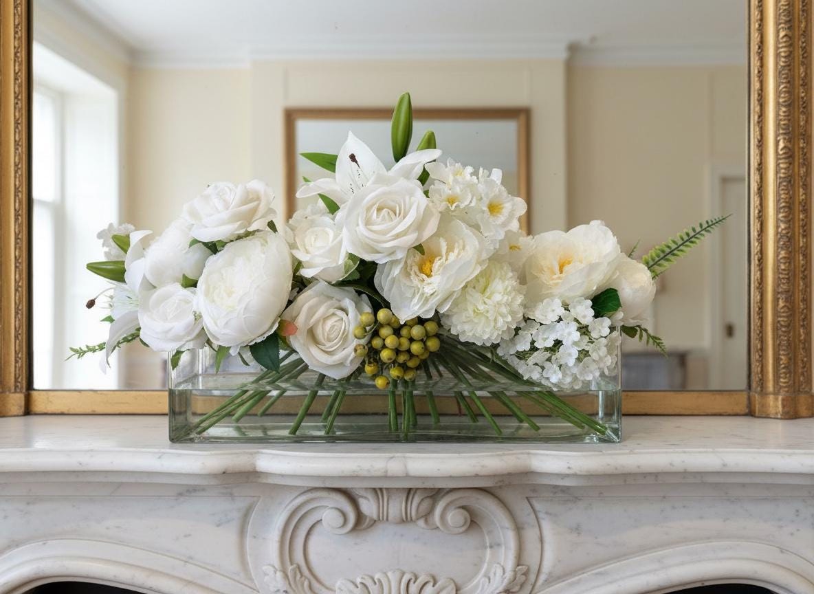 White Floral Centerpiece in Long Glass Vase