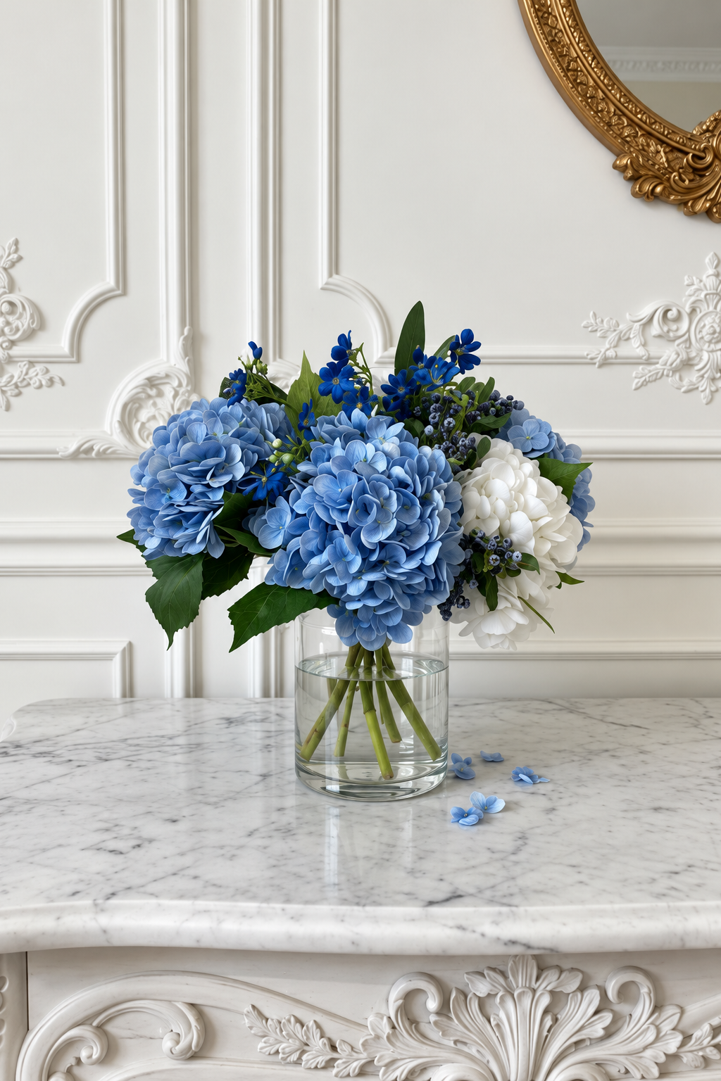 Blue & White Hydrangeas in Large Glass Vase