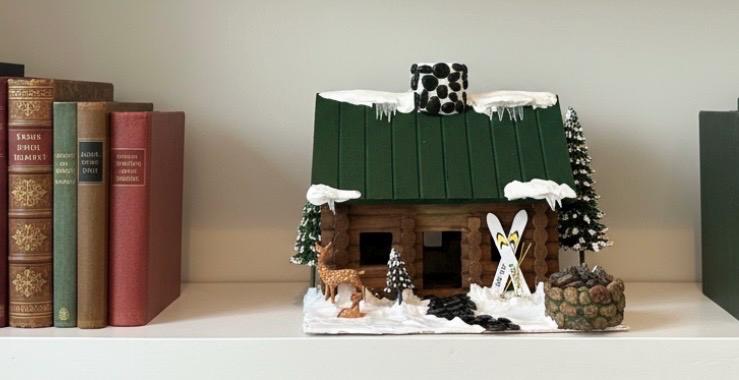 Handmade Log Cabin Birdhouse with Light, Skis & Snow