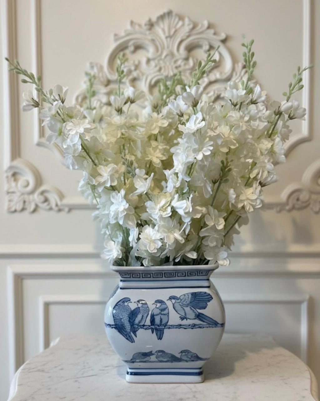 White Snapdragons Arrangement in Blue & White Chinoiserie Planter