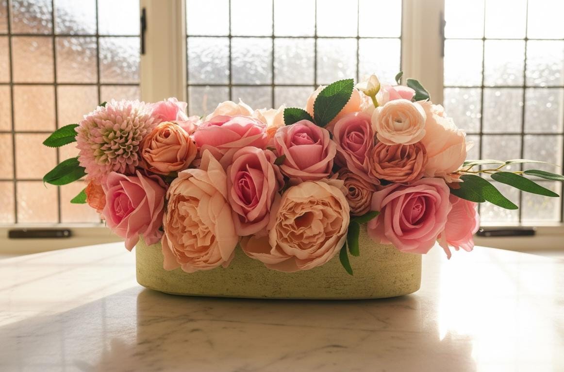 Pink Rose & Peony Arrangement in Stone Planter