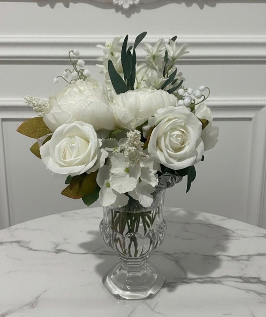 Faux White Peonies, Roses & Lilies in Glass Pedestal Vase