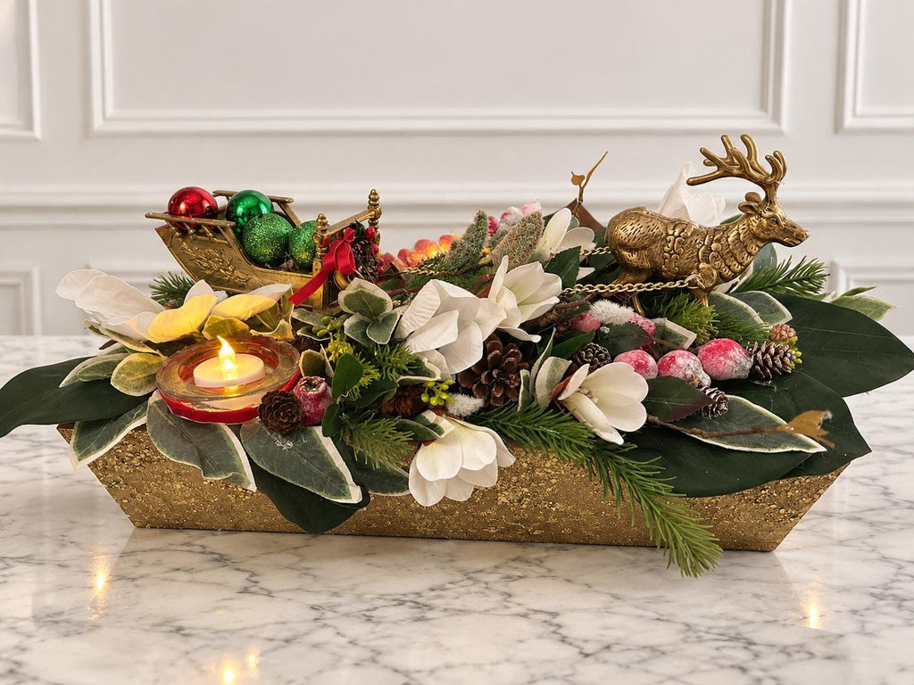 Vintage Brass Reindeer Floral Holiday Centerpiece