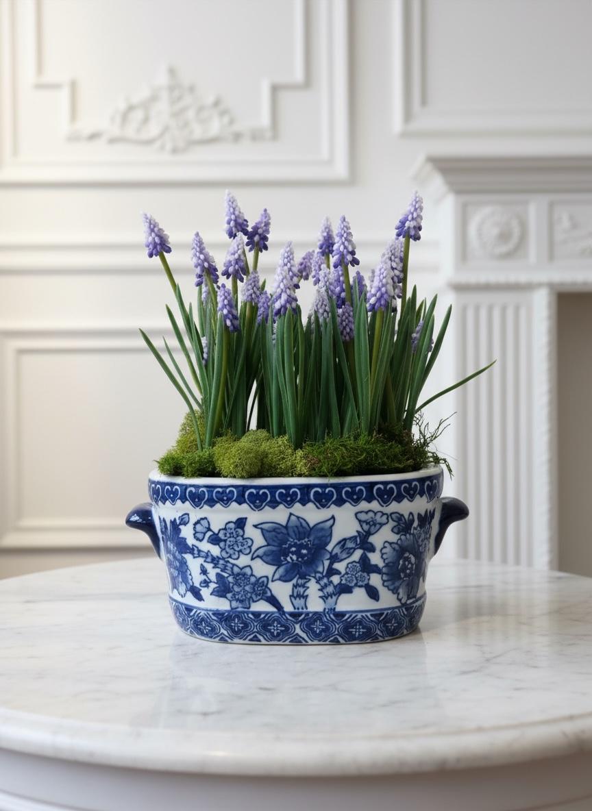 Purple Grape Hyacinths in Blue & White Planter