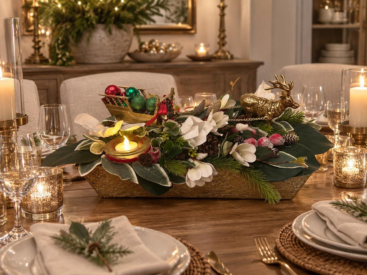 Vintage Brass Reindeer Floral Holiday Centerpiece