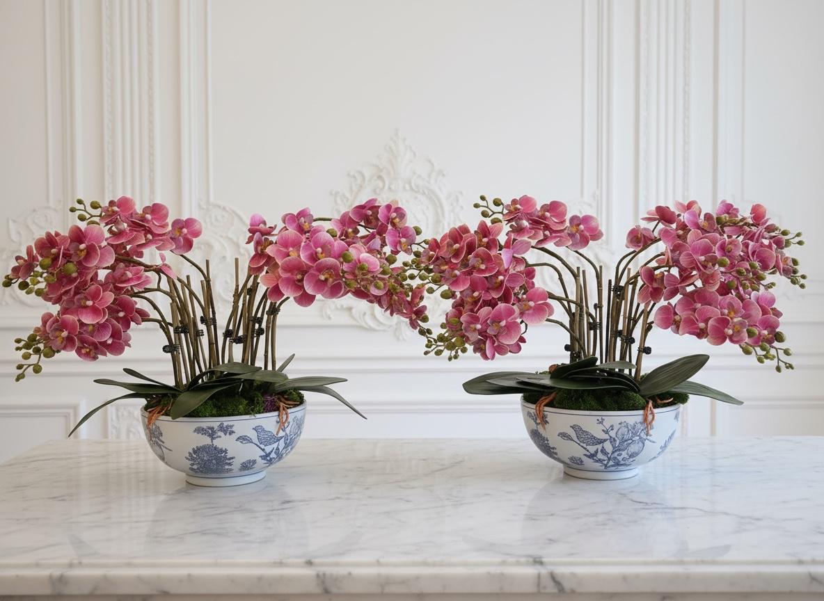 Real Touch Pink Orchid Arrangement in Bird Bowl