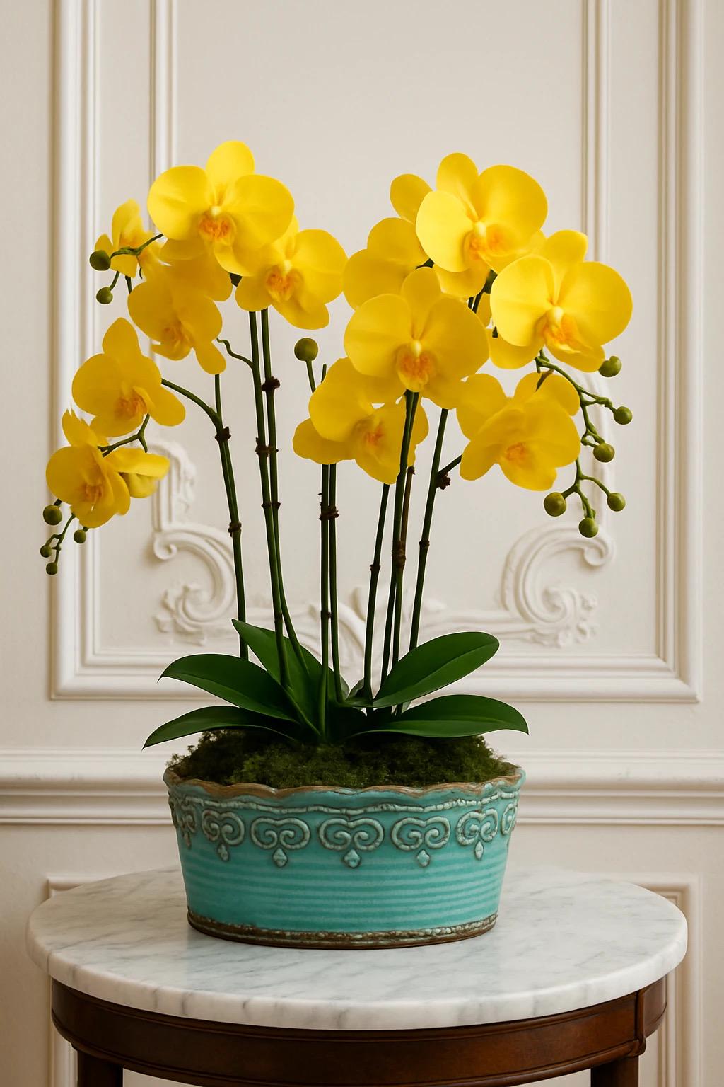 Faux Yellow Orchid in Teal Planter