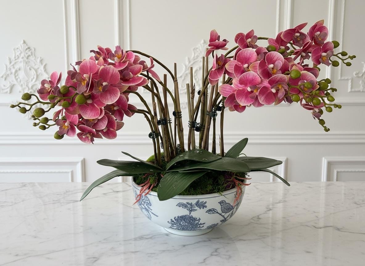 Real Touch Pink Orchid Arrangement in Bird Bowl
