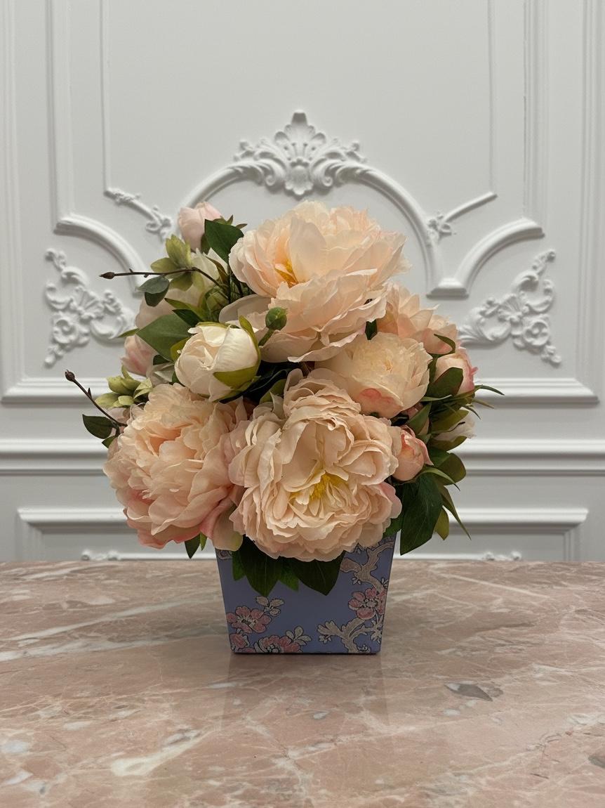 Pink Peonies Floral Arrangement in Blue Cherry Blossom Cachepot