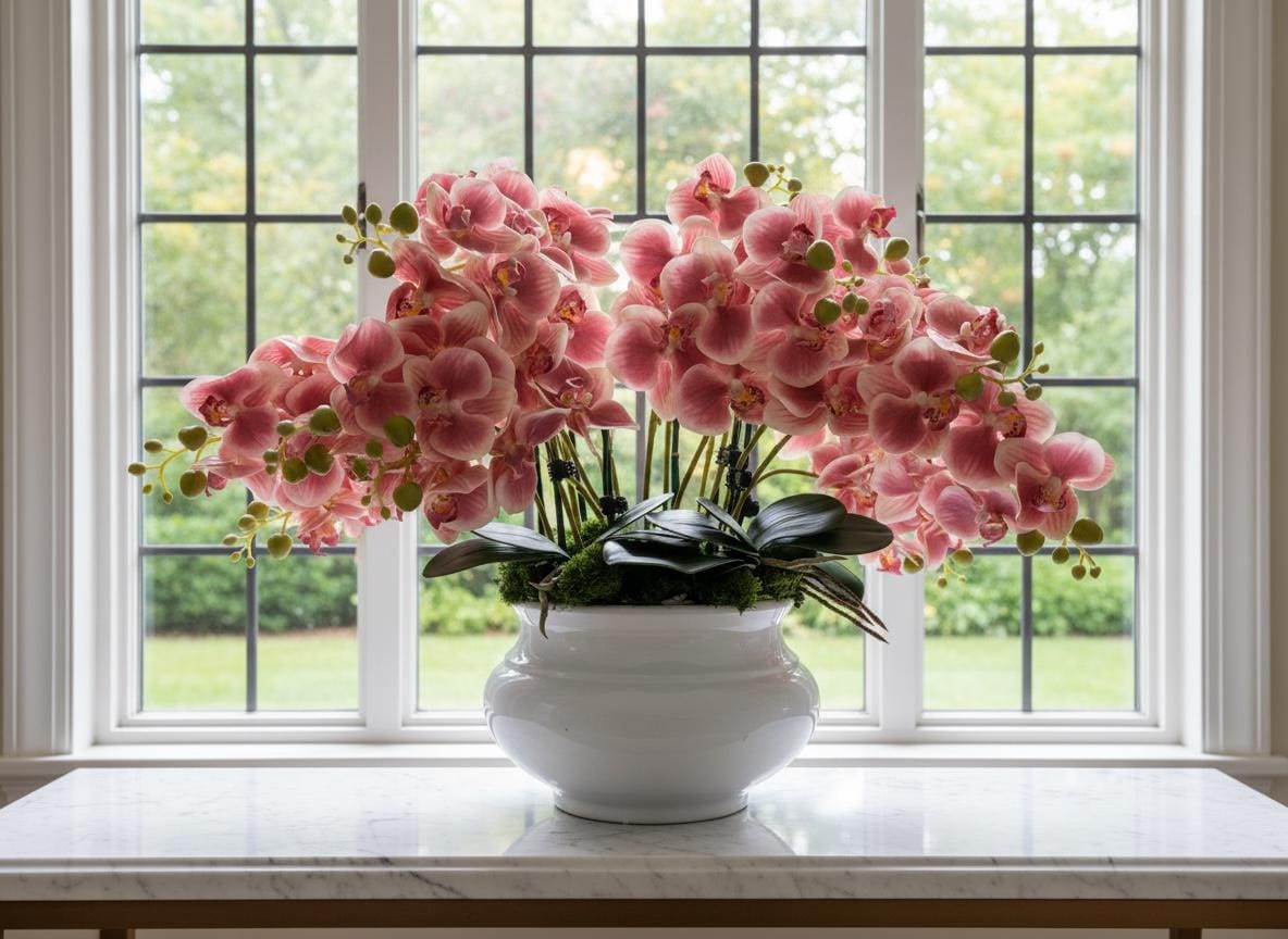 Real Touch Pink Orchid Arrangement in White Planter