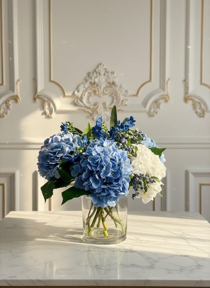 Blue & White Hydrangeas in Large Glass Vase