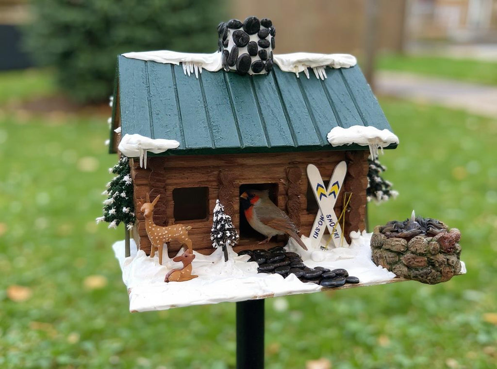 Handmade Log Cabin Birdhouse with Light, Skis & Snow