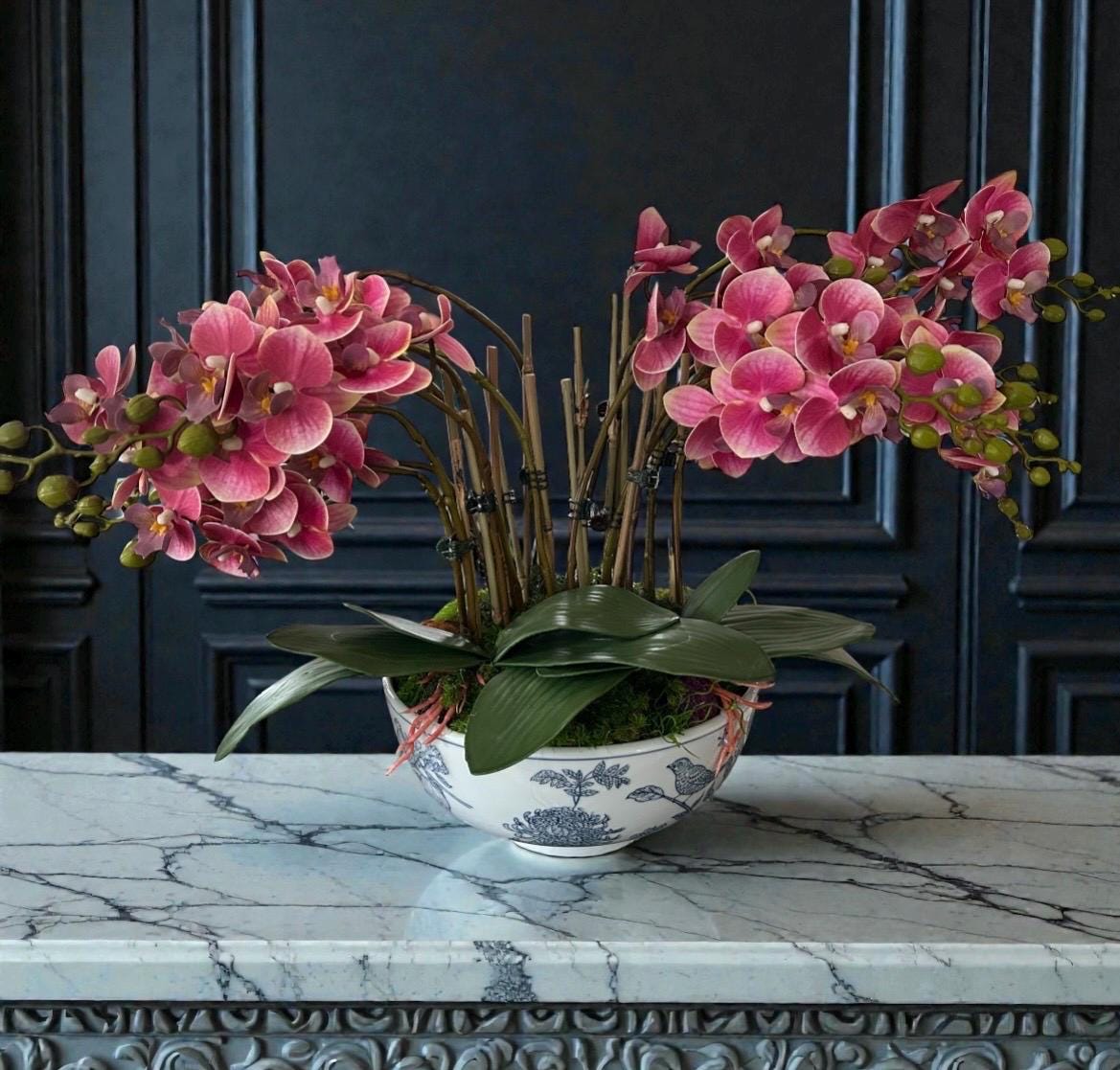 Real Touch Pink Orchid Arrangement in Bird Bowl