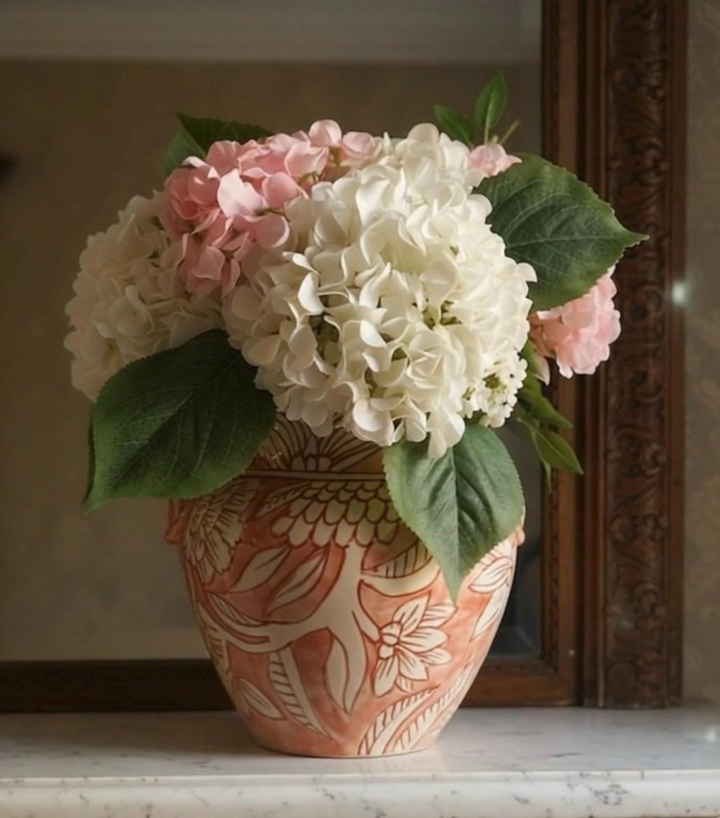 Pink and White Hydrangea in Ceramic Planter