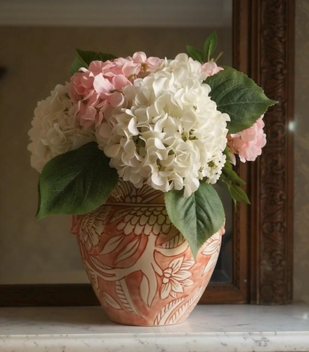 Pink and White Hydrangea in Ceramic Planter