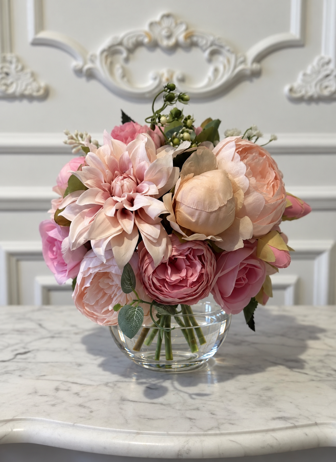 Pink Rose & Peony Arrangement in Glass Vase