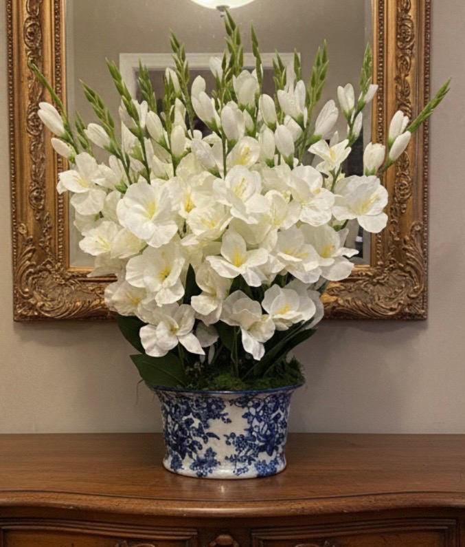 White Gladiolus in Blue & White Chinoiserie Planter