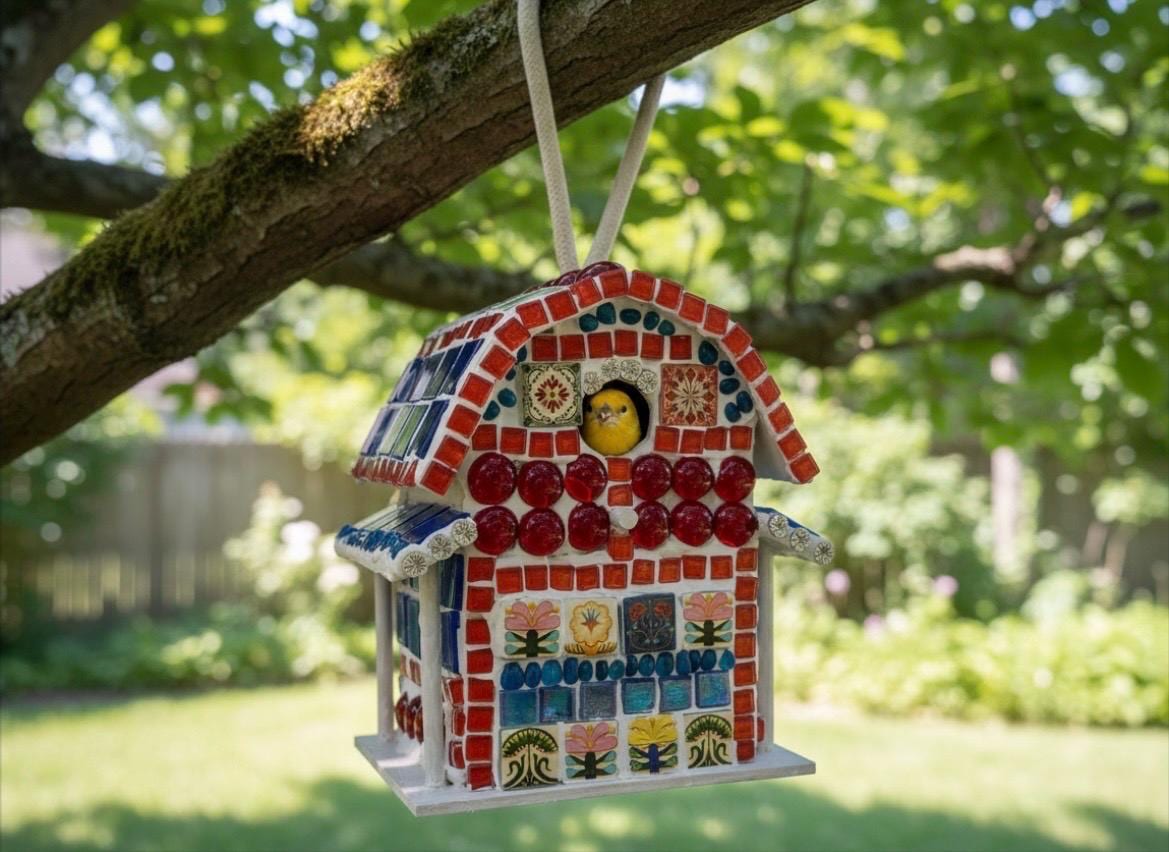 Handmade Red Mosaic Bard Birdhouse
