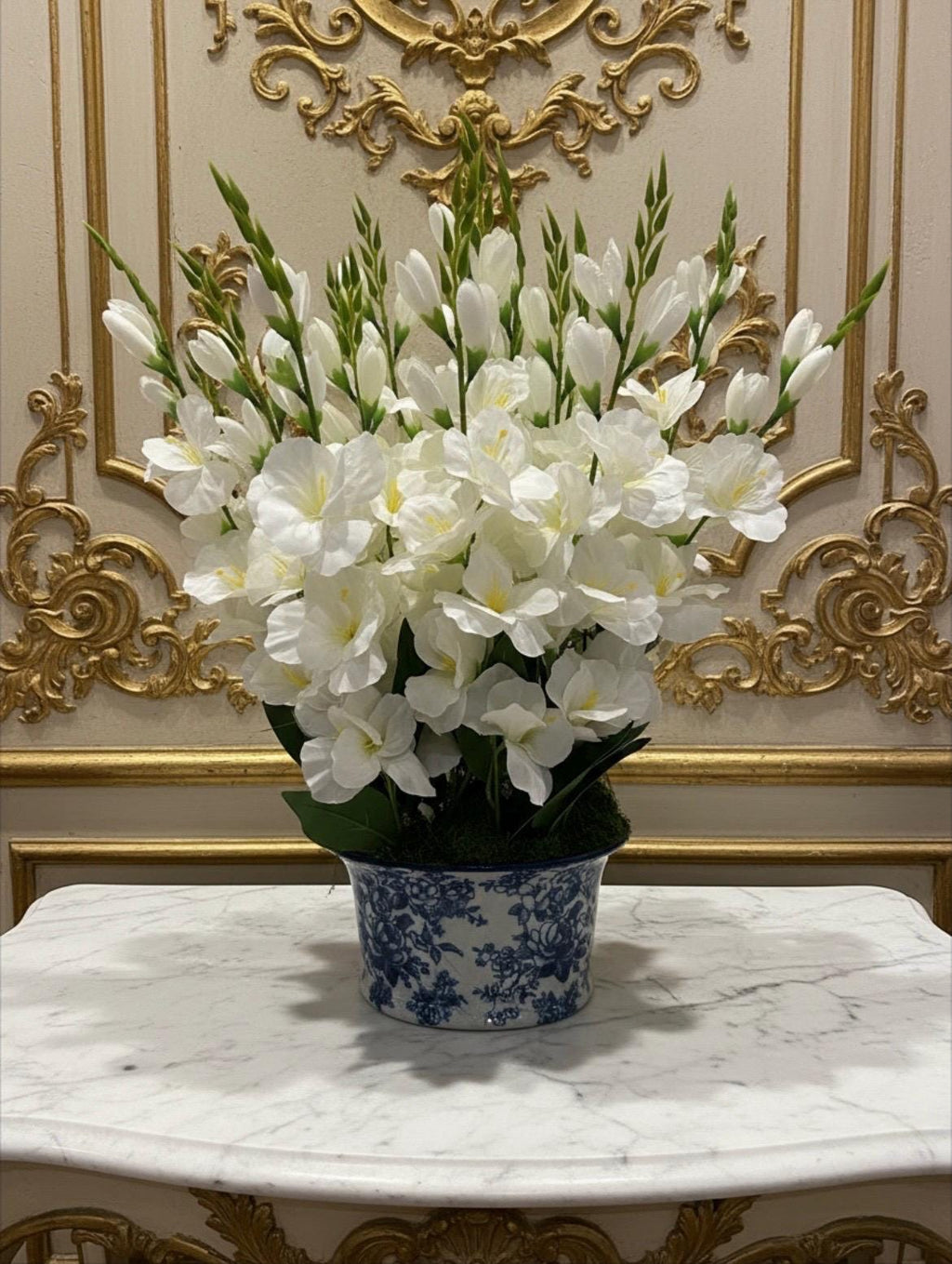 White Gladiolus in Blue & White Chinoiserie Planter