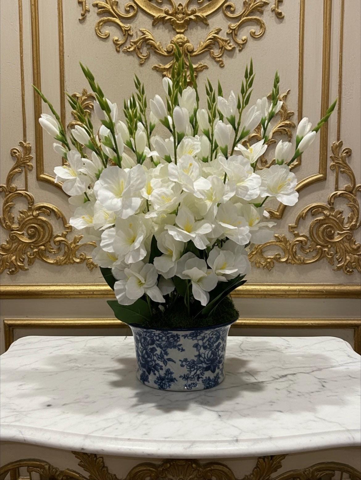 White Gladiolus in Blue & White Chinoiserie Planter