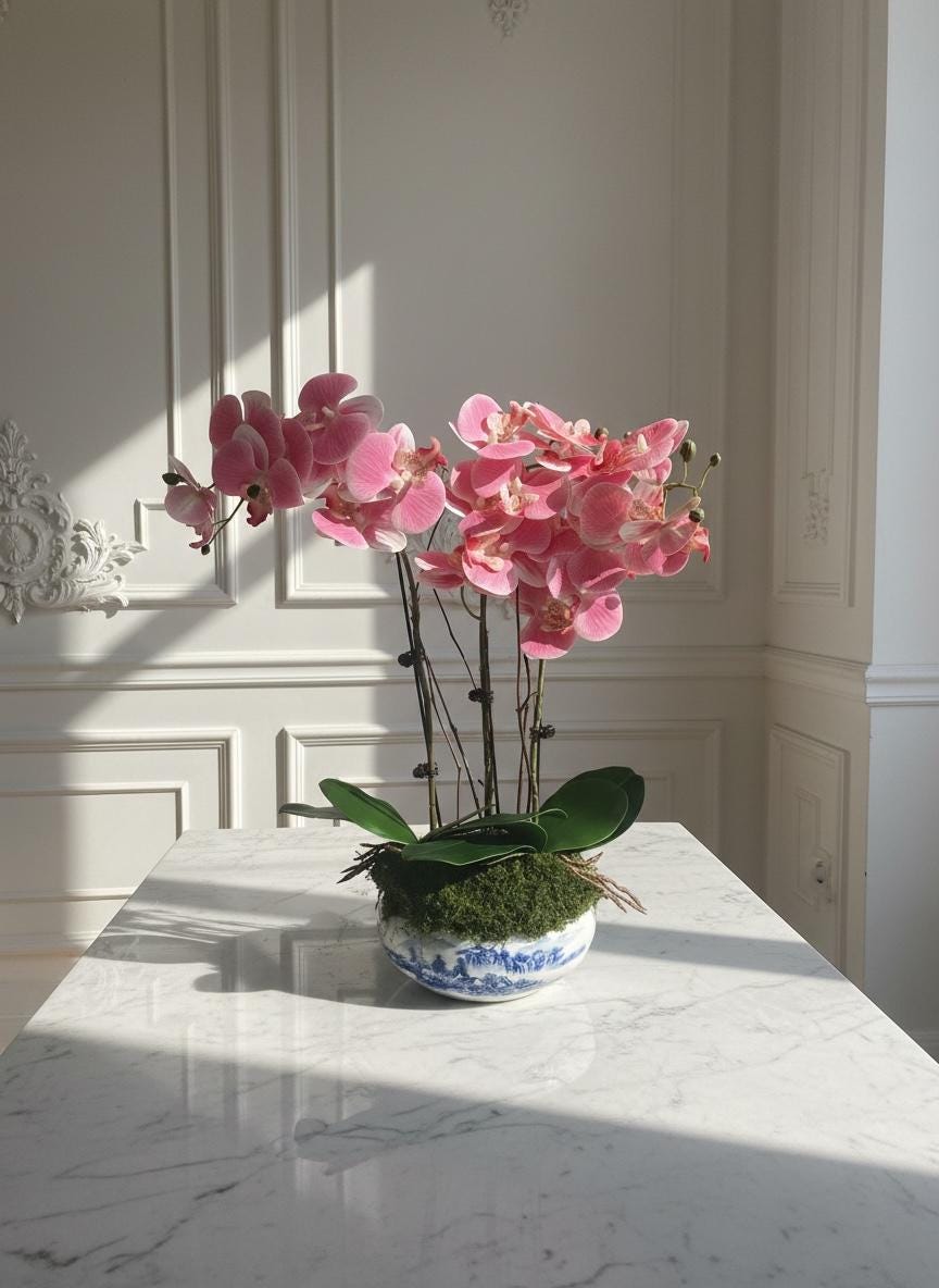 Pink Orchids in Blue Ceramic Bowl