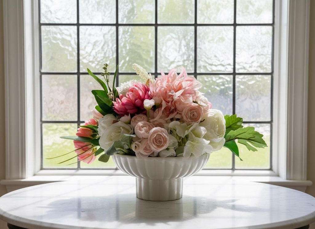 Pink & White Floral Arrangement in Pedestal Bowl