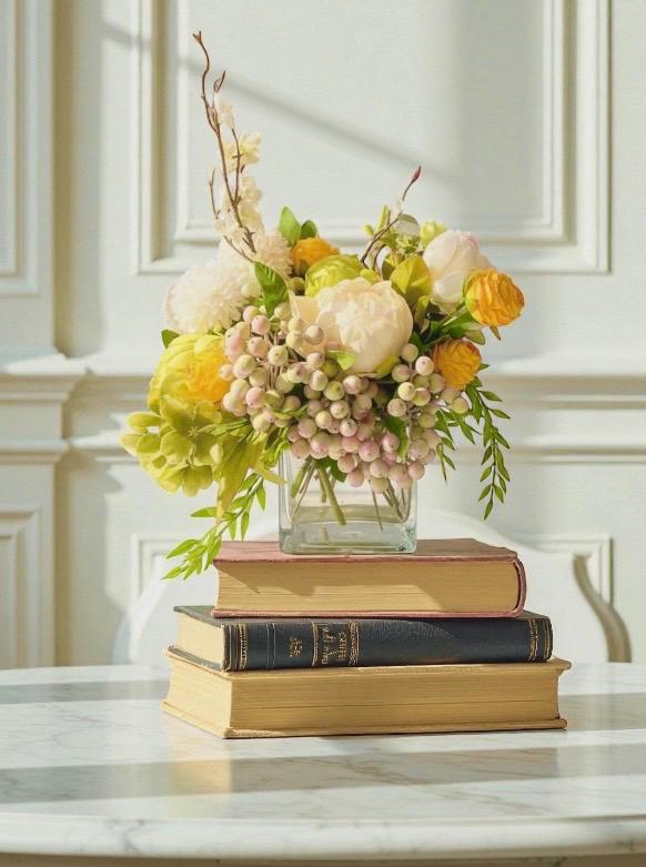 Yellow Peonies & Berries in Glass Vase