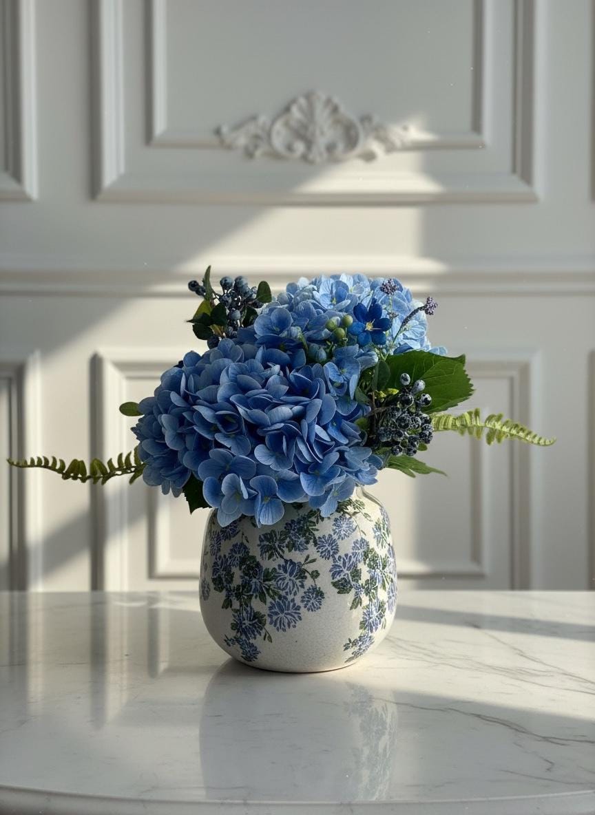 Blue Hydrangea Floral Arrangement in Crackle Glaze Vase