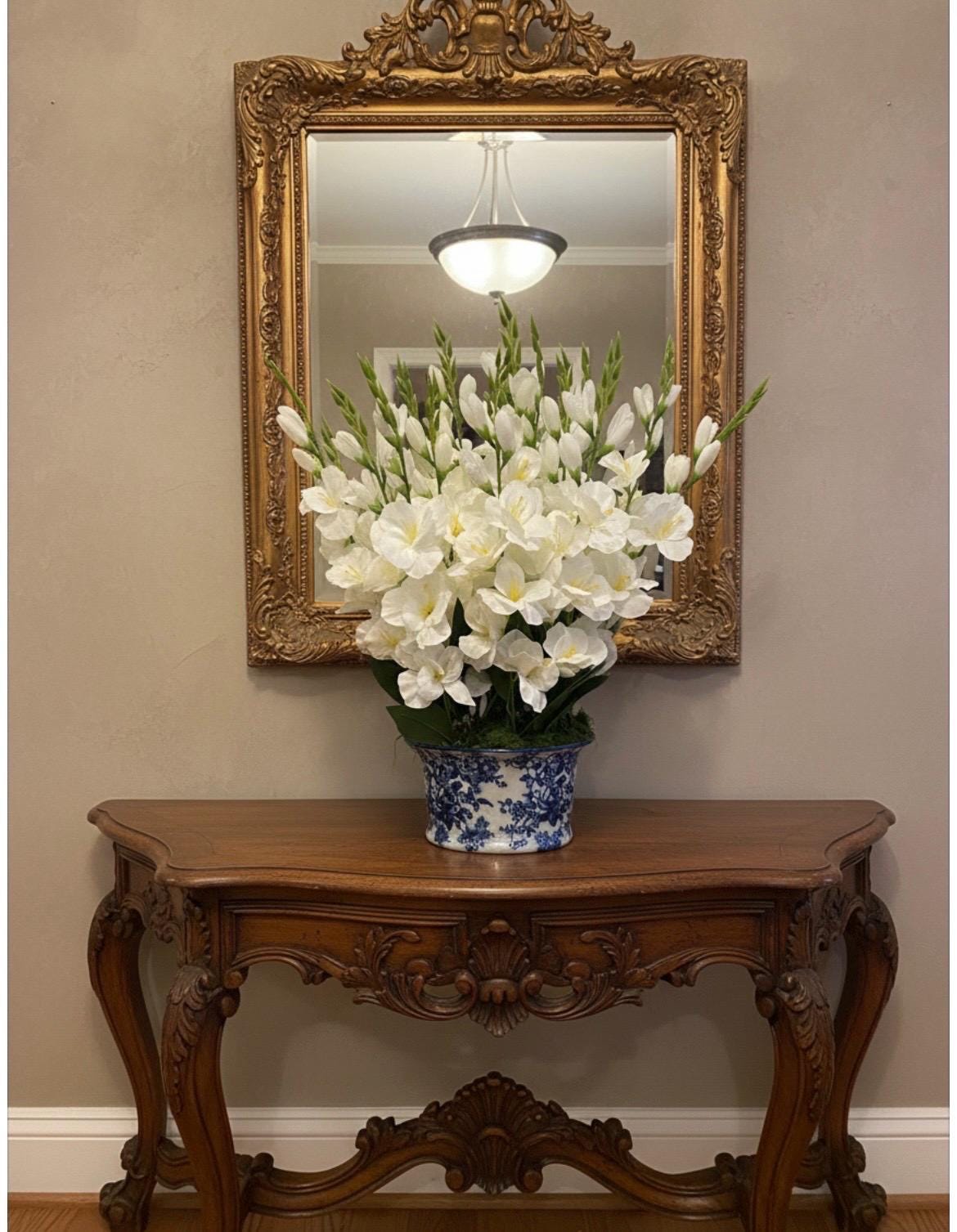 White Gladiolus in Blue & White Chinoiserie Planter