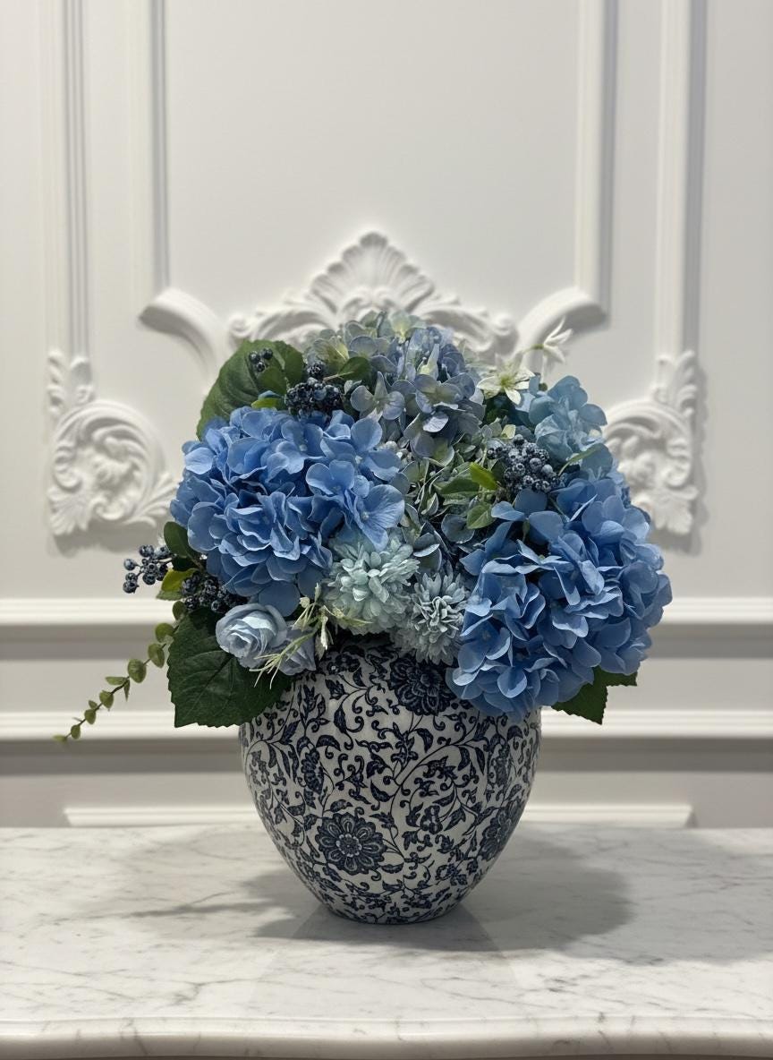 Blue Hydrangea Arrangement in Hand-Painted Ceramic Planter