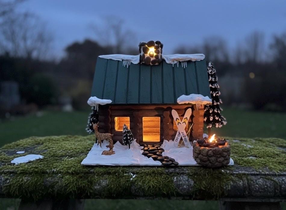 Handmade Log Cabin Birdhouse with Light, Skis & Snow