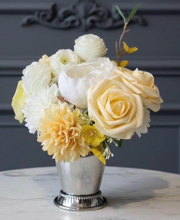 Yellow Peony & Chrysanthemum Arrangement in Silver Vase