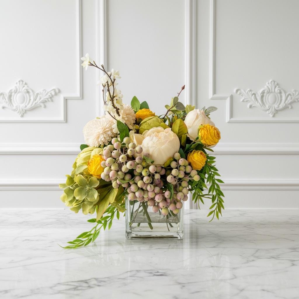 Yellow Peonies & Berries in Glass Vase