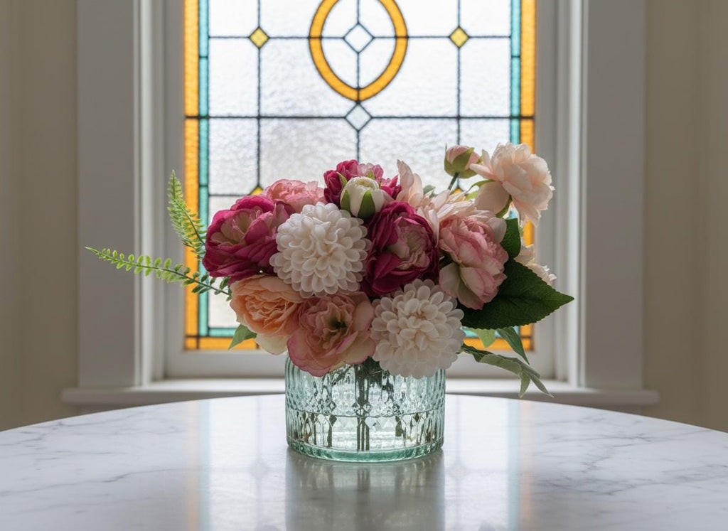 Two-Tone Pink Peony Floral Arrangement in Crystal Glass Bowl