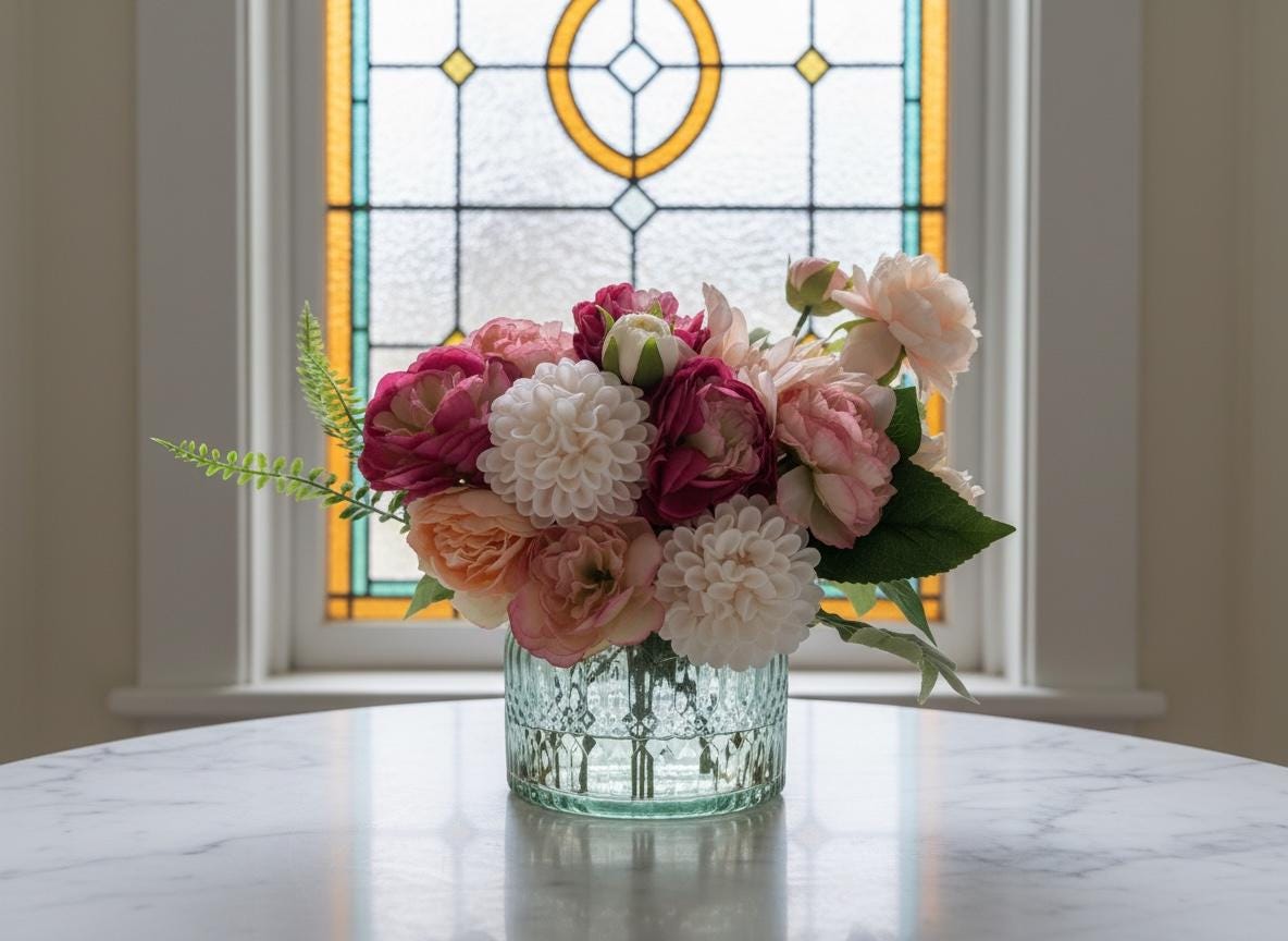 Two-Tone Pink Peony Floral Arrangement in Crystal Glass Bowl