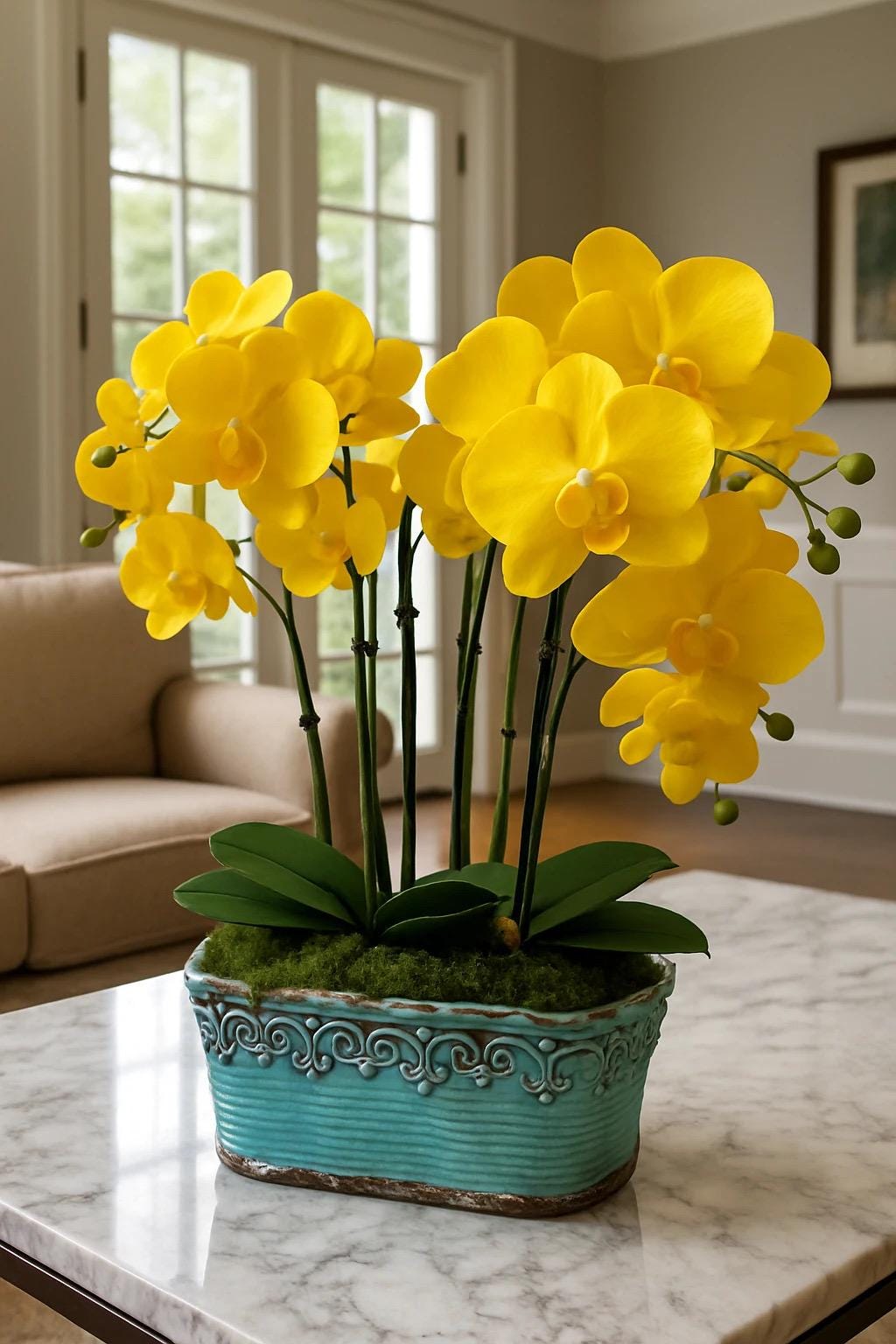 Faux Yellow Orchid in Teal Planter