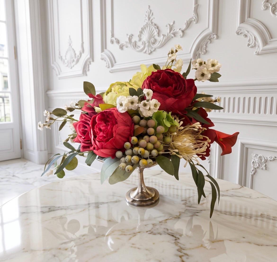 Burgundy Faux Floral Arrangement in Silver Pedestal Centerpiece