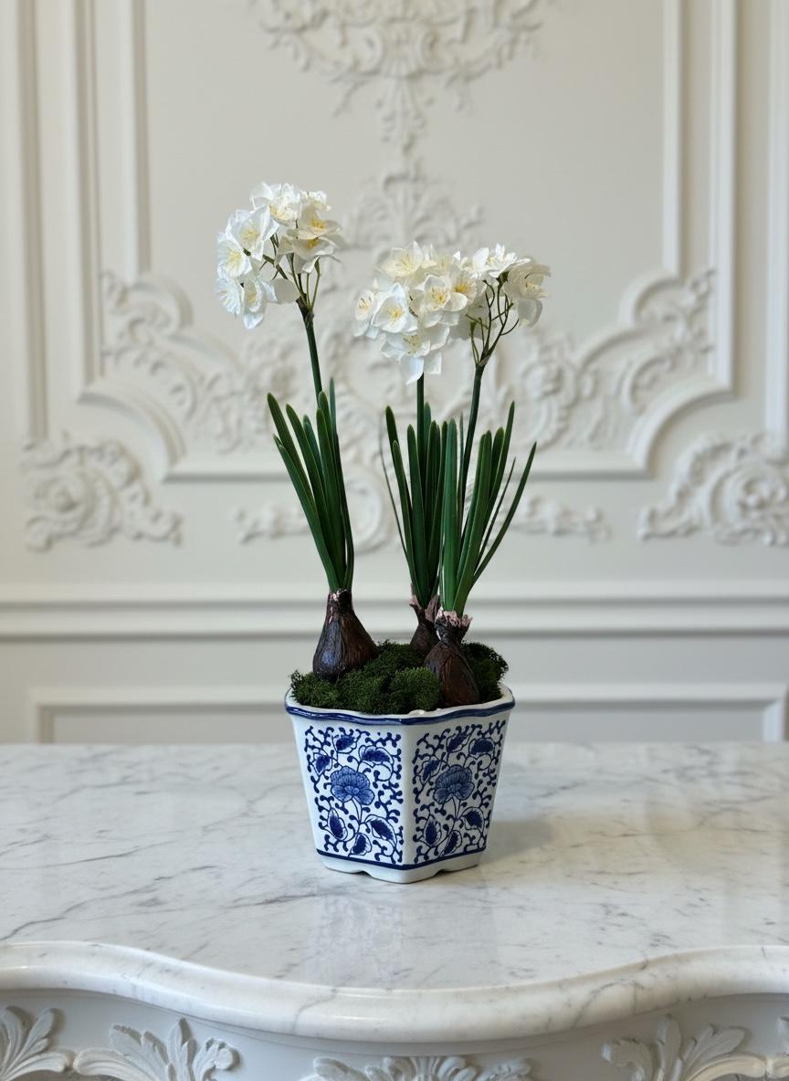 Paperwhite Narcissus Bulbs in Porcelain Planter