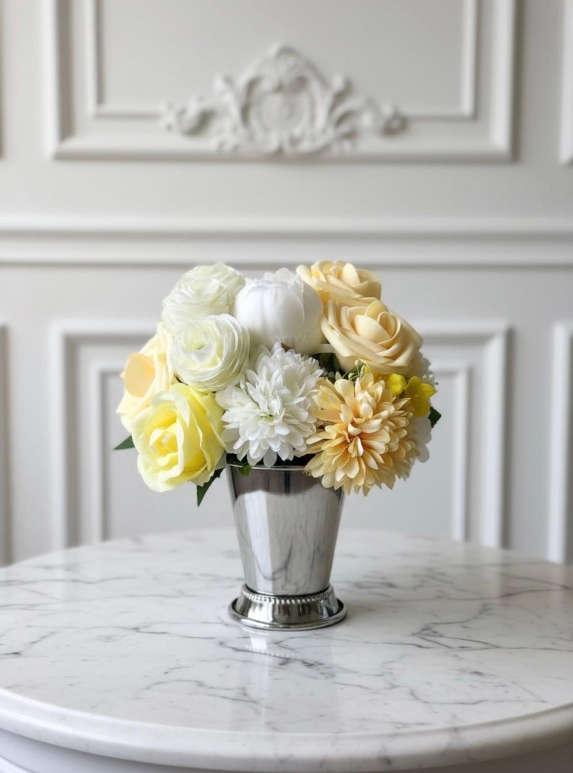 Yellow Peony & Chrysanthemum Arrangement in Silver Vase