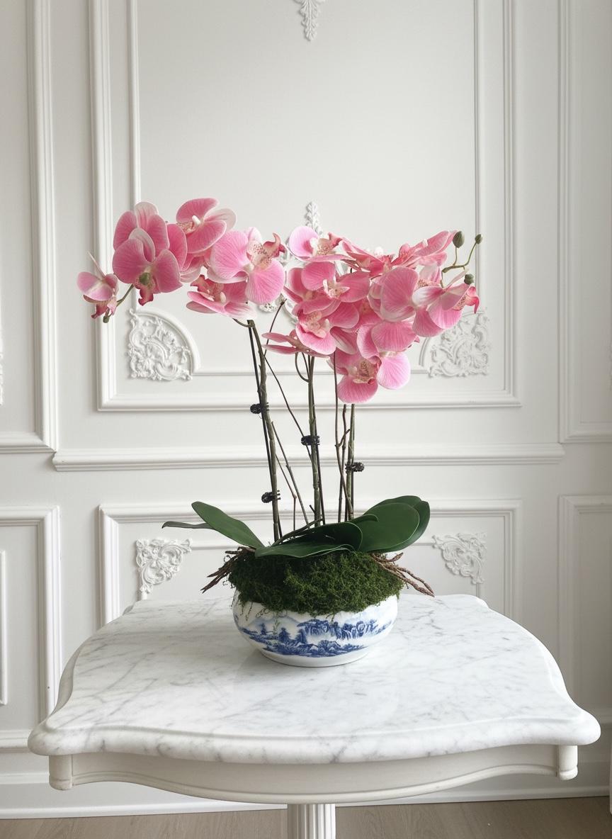 Pink Orchids in Blue Ceramic Bowl