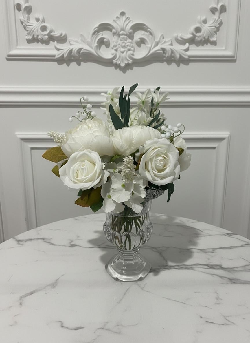 Faux White Peonies, Roses & Lilies in Glass Pedestal Vase