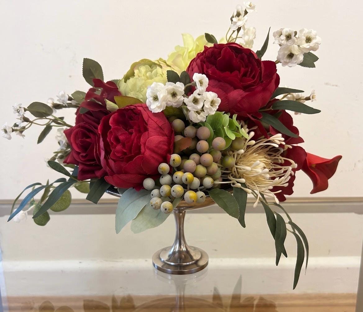 Burgundy Faux Floral Arrangement in Silver Pedestal Centerpiece