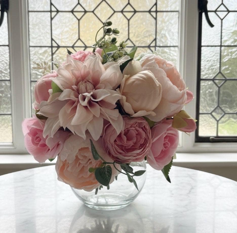 Pink Rose & Peony Arrangement in Glass Vase