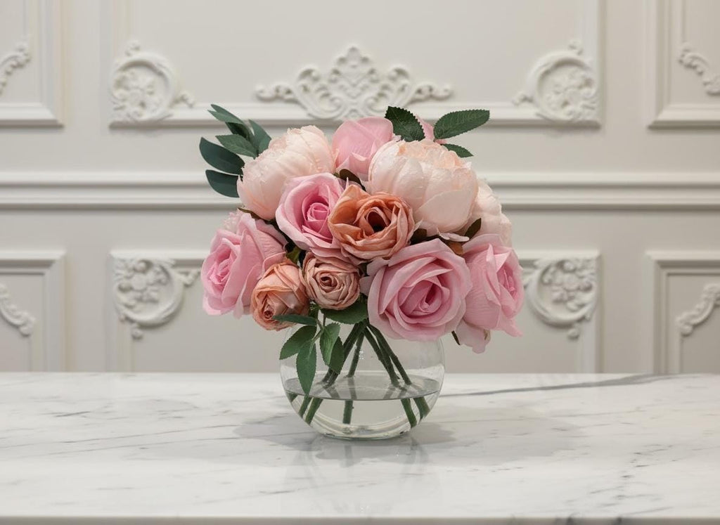 Pink Peony & Rose Arrangement in Glass Vase