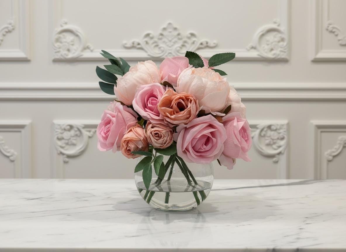 Pink Peony & Rose Arrangement in Glass Vase